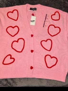 Pink Heart-Print Cardigan Sweater  (New)
